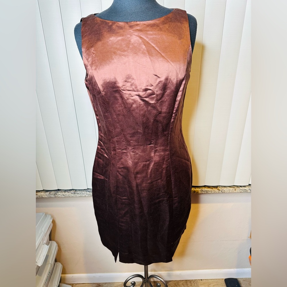Adrianna Papell Safe Silk Rich Brown Silk/Linen Shift Evening Dress Size 10